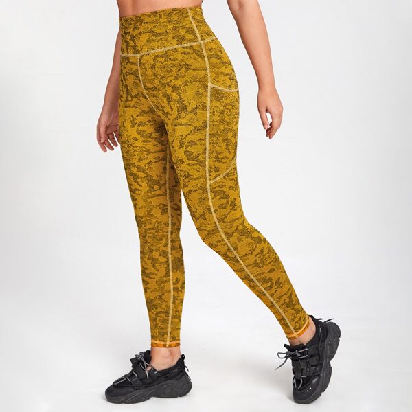 

Plus Camo Print Sports Leggings, Mustard yellow