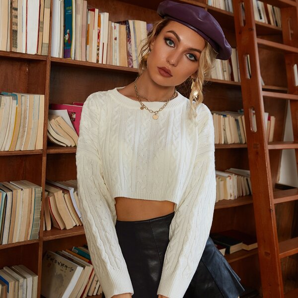 

Drop Shoulder Cable Knit Sweater, White