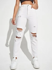Jeans mom con diseño roto de cintura alta - Blanco - Ver 1