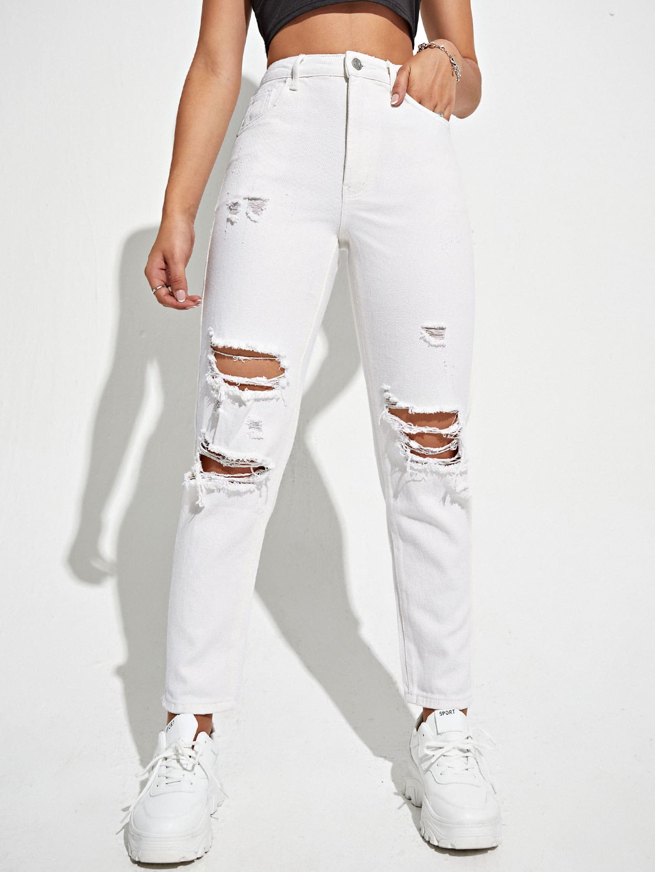 Jeans mom con diseño roto de cintura alta - Blanco - Ver 1