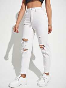 Jeans mom con diseño roto de cintura alta - Blanco - Ver 3