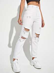 Jeans mom con diseño roto de cintura alta - Blanco - Ver 5
