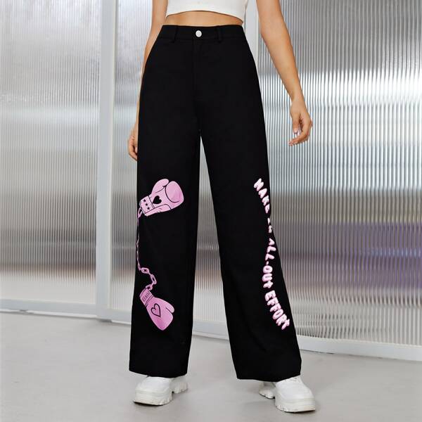 

Gloves And Slogan Graphic Palazzo Pants, Black