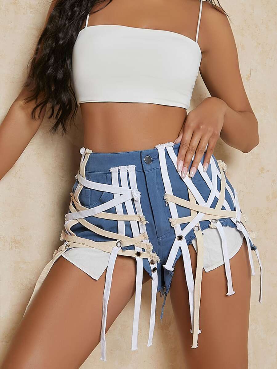 SHEIN SXY Shorts con fleco crudo de talle alto - Azul - Ver 1