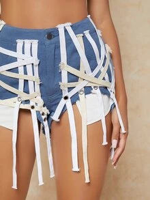 SHEIN SXY Shorts con fleco crudo de talle alto - Azul - Ver 4
