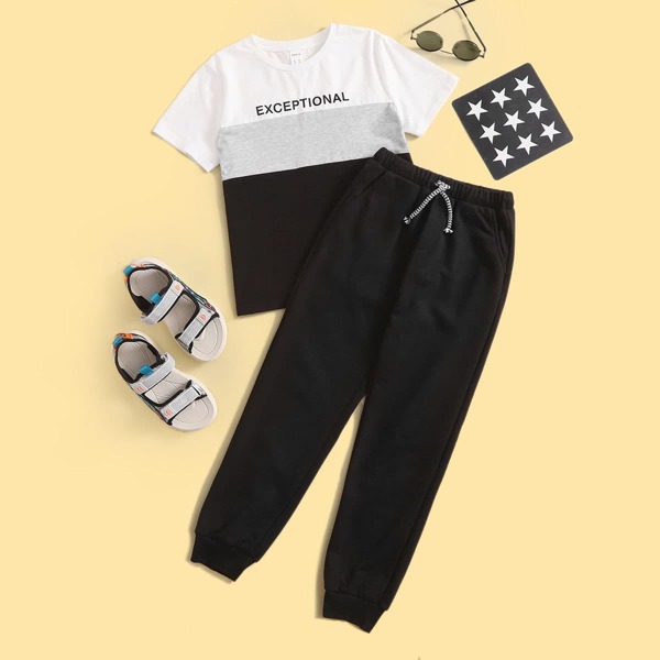 

Boys Color-block Letter Graphic Tee & Drawstring Waist Pants, Multicolor