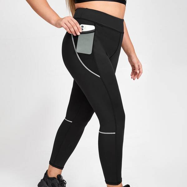 

Plus High Waisted Sports Leggings With Phone Pocket, Black
