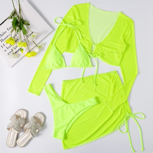 

4pack Triangle High Cut Bikini Swimsuit & Cover Up Set, Lime green