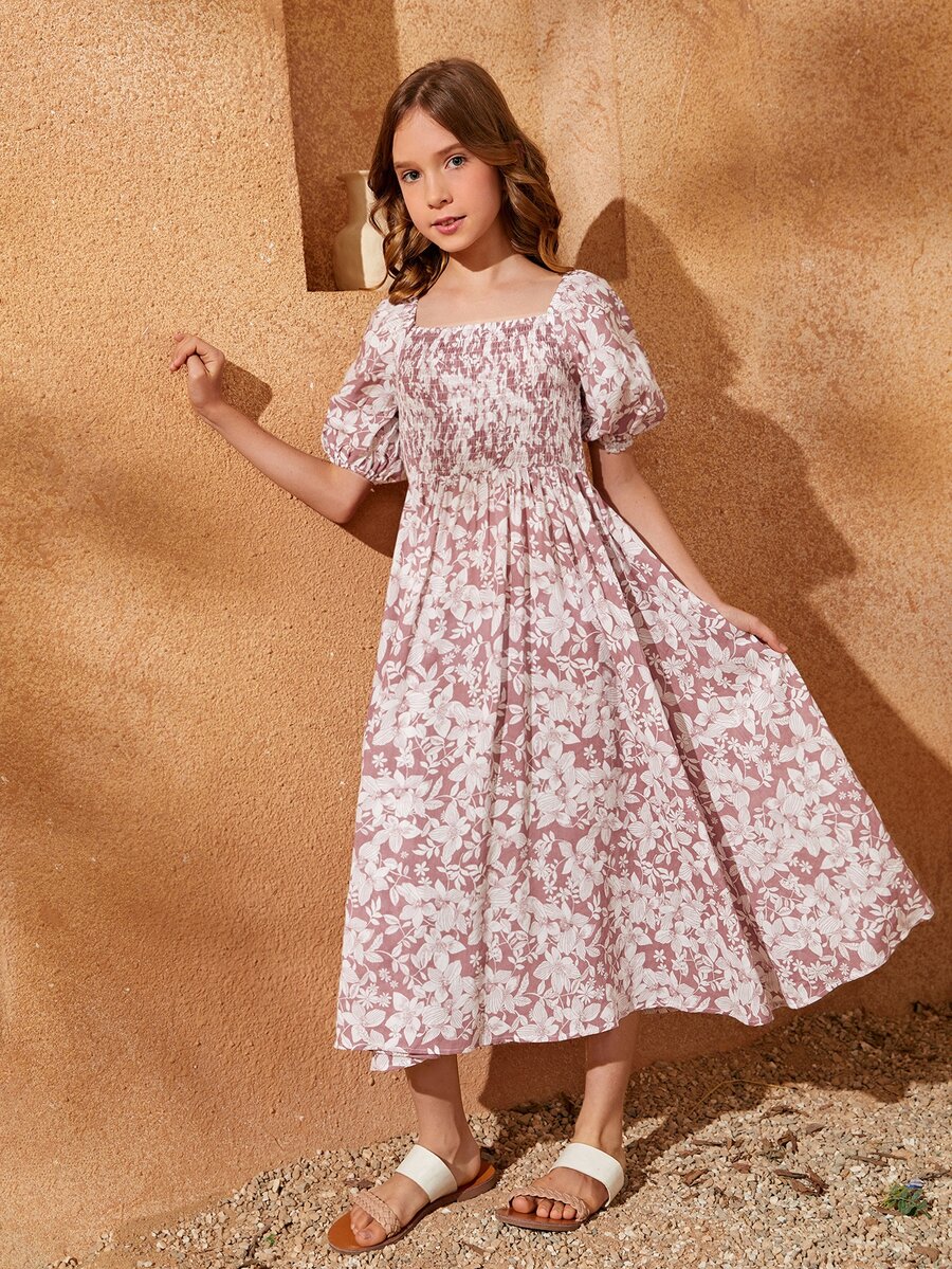 SHEIN 女孩印花打褶泡泡袖連衣裙 - 彩色 - 查看 1