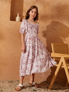 SHEIN 女孩印花打褶泡泡袖連衣裙 - 彩色 - 查看 4