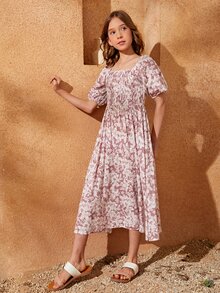 SHEIN 女孩印花打褶泡泡袖連衣裙 - 彩色 - 查看 5
