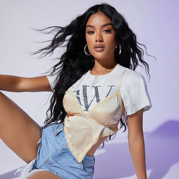 

Heathered Knit Satin Embroidered Trim Open-Back Cami Combo Top, Multicolor