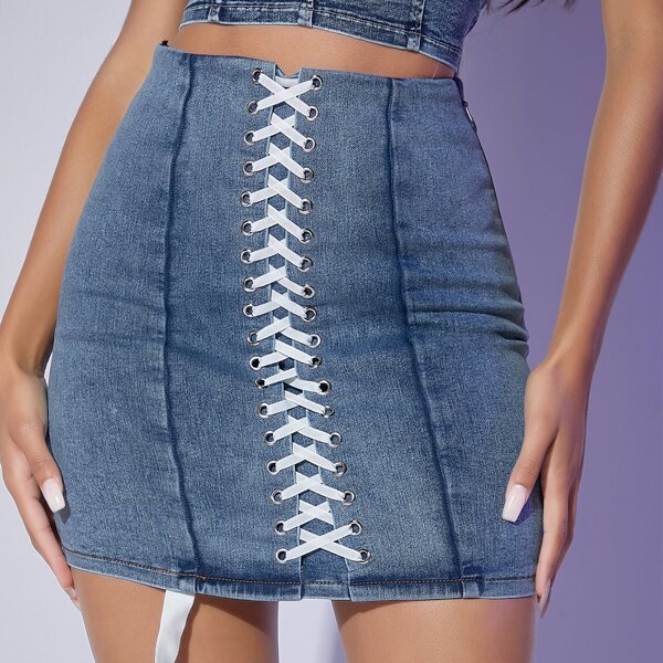 

Crisscross Lace-Up High Waisted Denim Mini Skirt, Medium wash