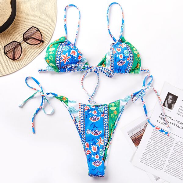 

Paisley Print Knot Front Bikini Swimsuit, Blue
