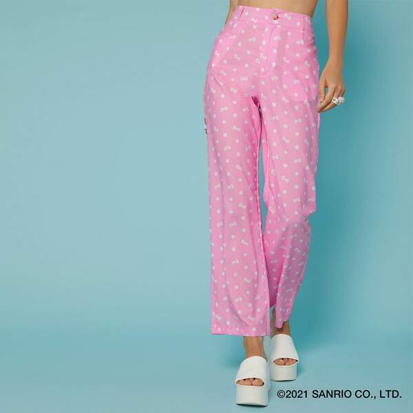 

Allover Bow Print High Rise Pants, Pink