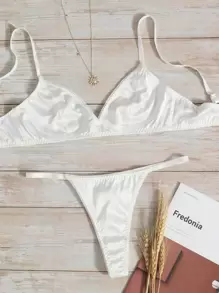 Solid Satin Bra & Panty Lingerie Set - White - View 1