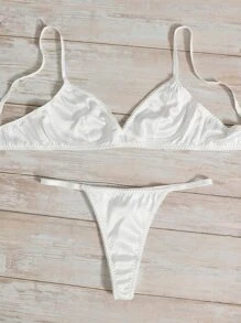 Solid Satin Bra & Panty Lingerie Set - White - View 3