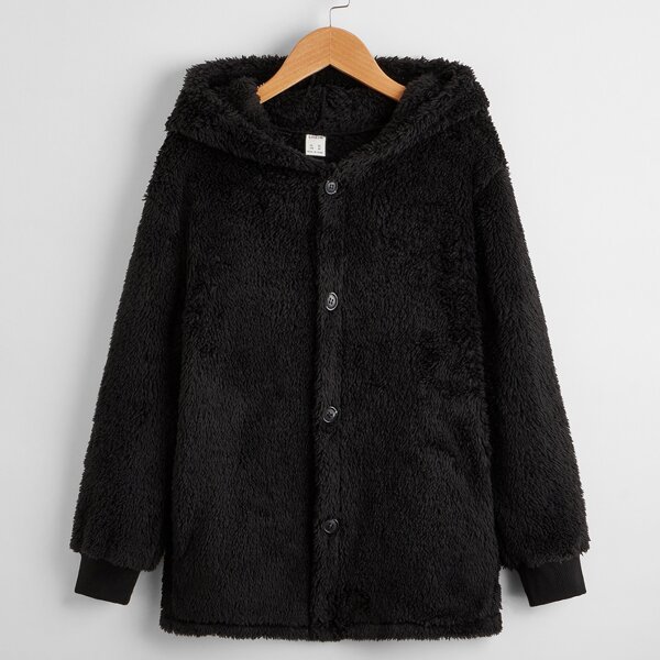 

Boys Button Front Hooded Teddy Coat, Black