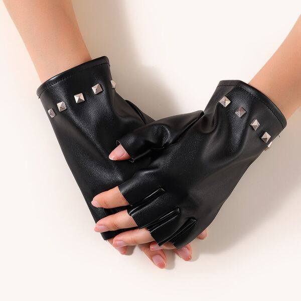 

Studded Decor Fingerless Gloves, Black
