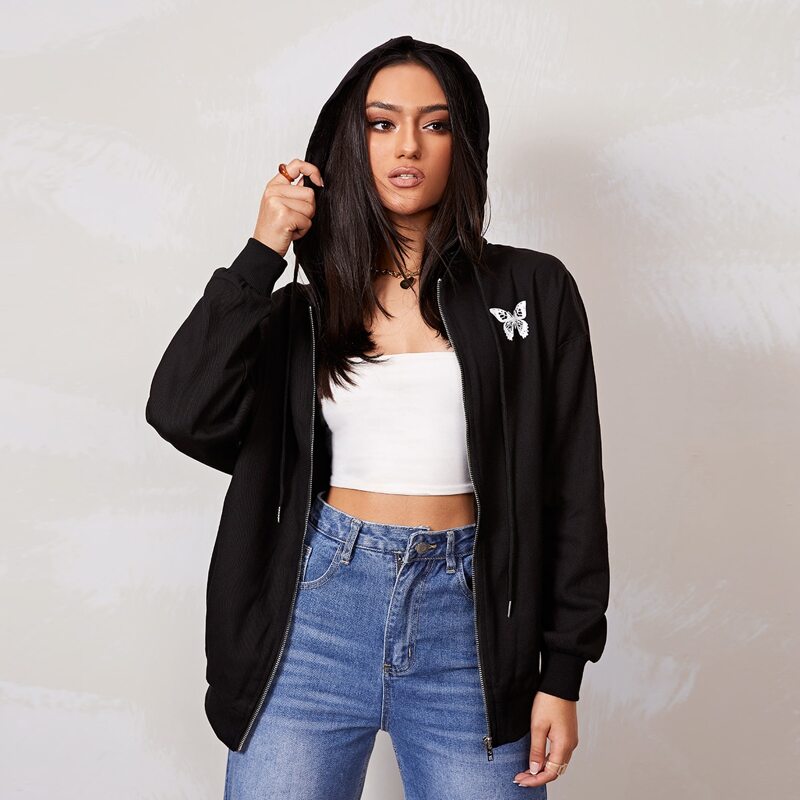 

Butterfly & Slogan Graphic Drop Shoulder Drawstring Hooded Jacket, Black
