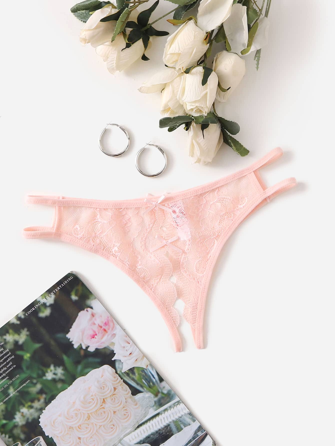 Classic Sexy Floral Lace Crotchless Panty Lingerie - Pink - View 1