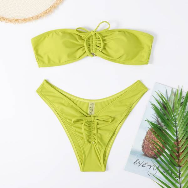 

Drawstring Front Bandeau Bikini Swimsuit, Yellow