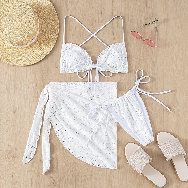 

3pack Schiffy Frill Bikini Swimsuit With Beach Skirt, White