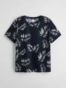 SHEIN Tween Boy Leaf Print Tee - Black and White - View 1