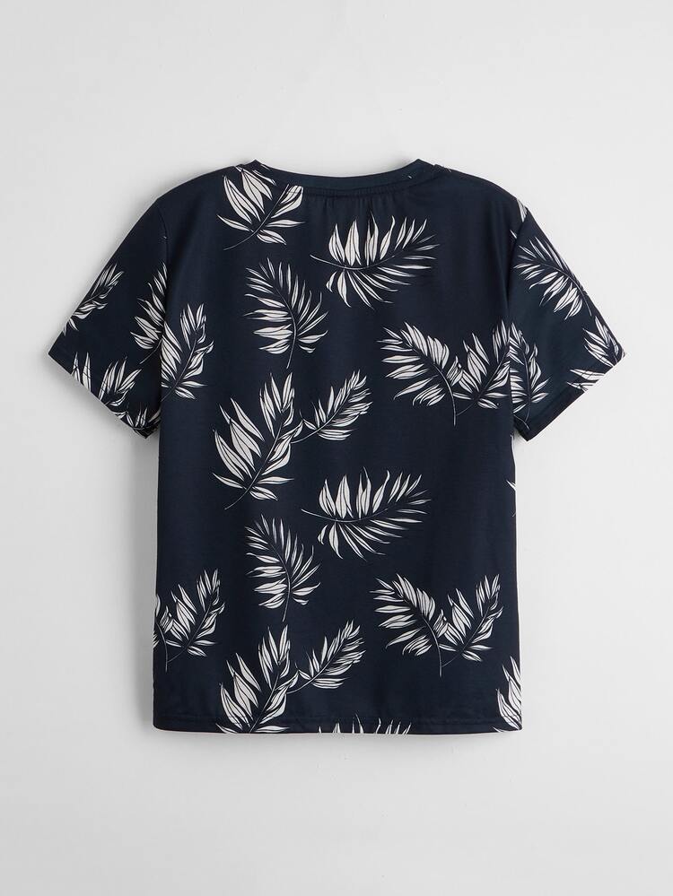 SHEIN Tween Boy Leaf Print Tee - Black and White - View 2