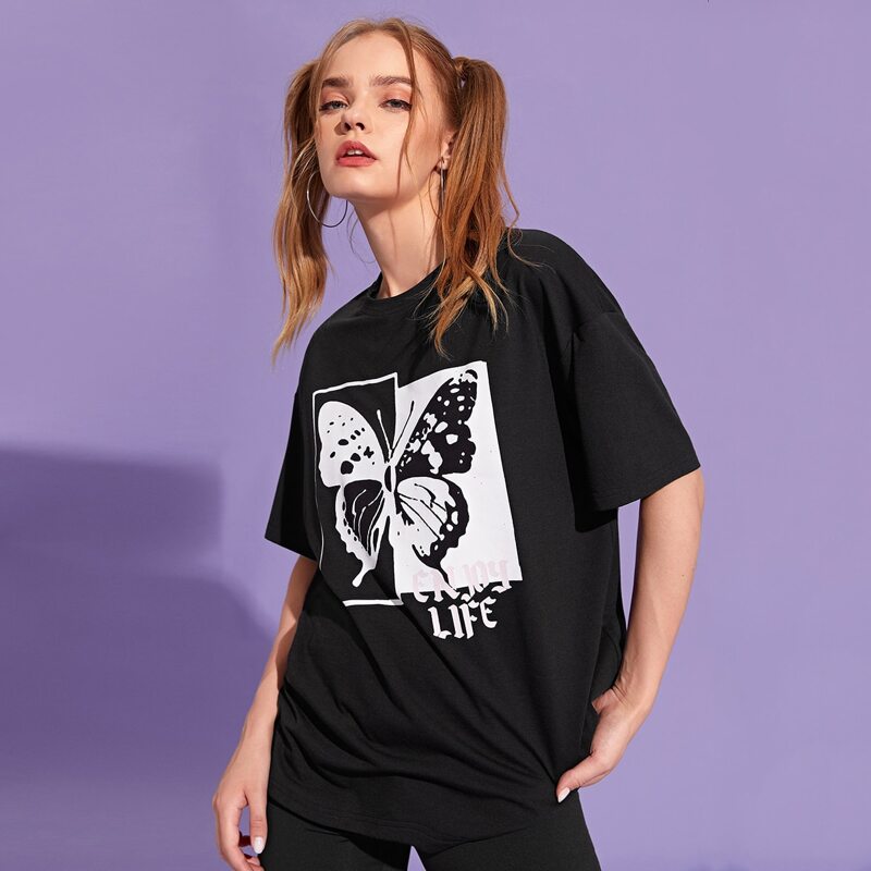 

Slogan Butterfly Graphic Tee, Black