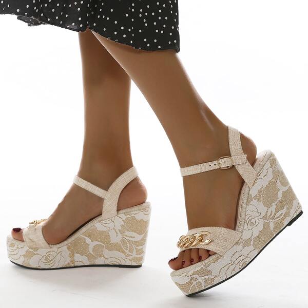 

Chain Decor Floral Wedge Sandals, Beige