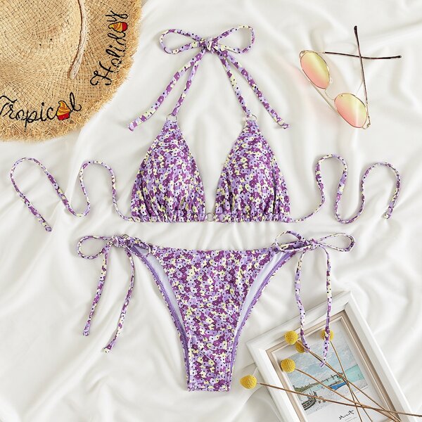 

Floral Triangle Tie Side Bikini Swimsuit, Multicolor