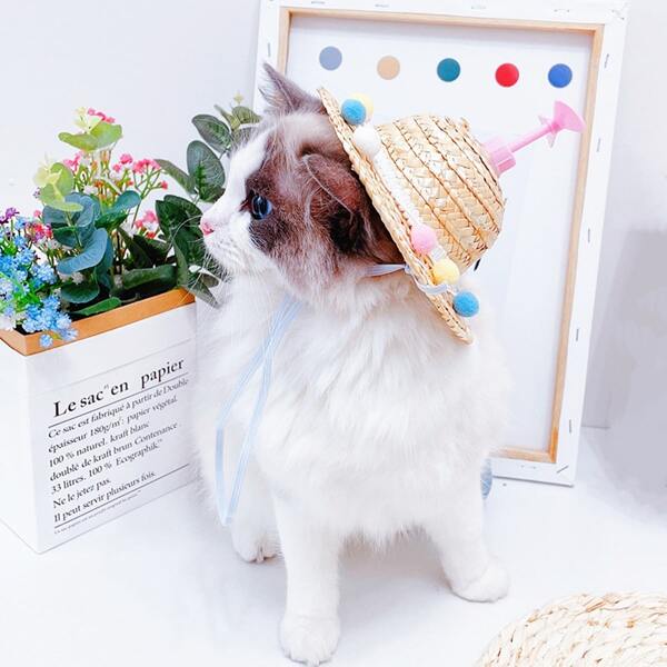 

Pom Pom Pet Straw Hat, Multicolor