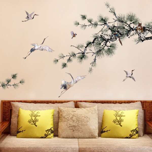 

4pcs Crane Print Wall Sticker, Multicolor