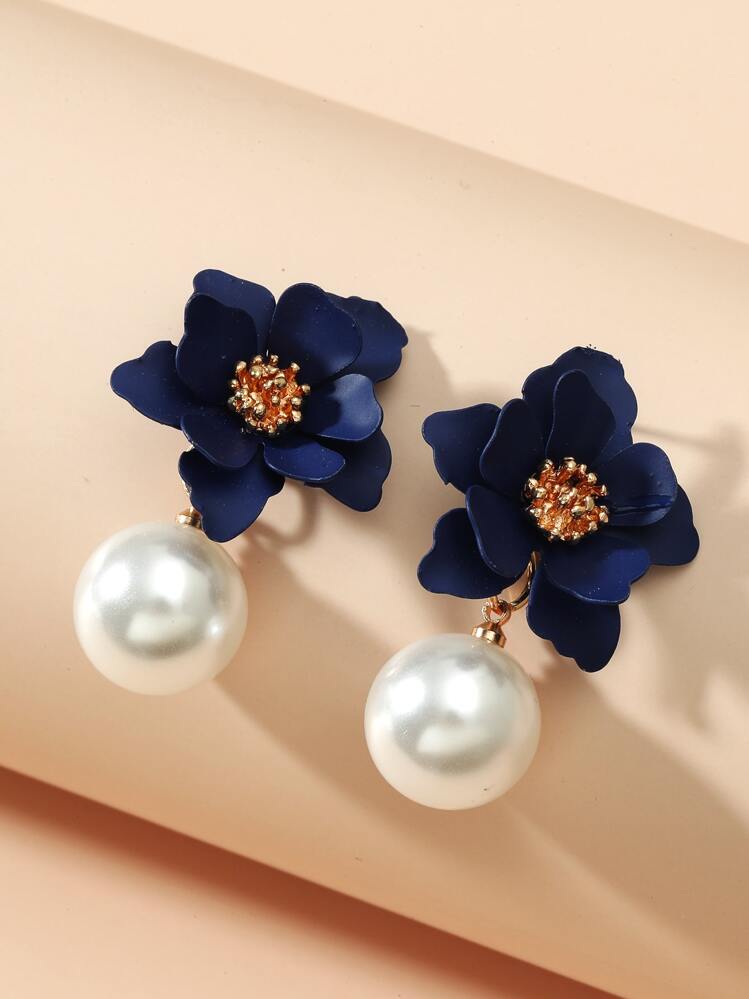 Flower Decor Drop Earrings Valentines,Mom,Mother,Mother's Day,Gift - Navy Blue - View 1