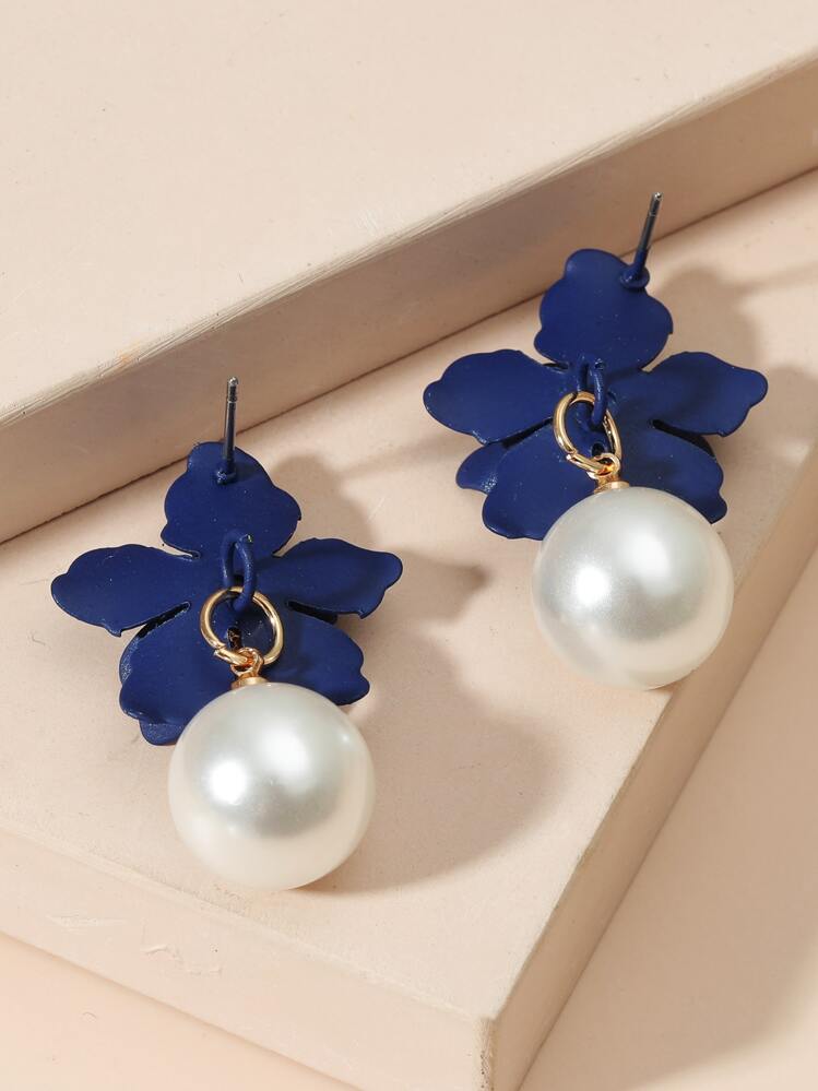 Flower Decor Drop Earrings Valentines,Mom,Mother,Mother's Day,Gift - Navy Blue - View 2