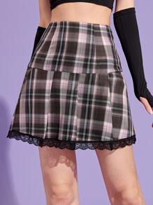 ROMWE Plaid Contrast Lace Skirt - Multicolor - View 1