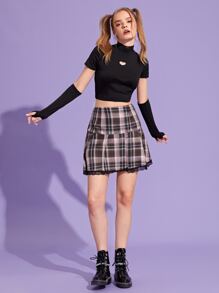 ROMWE Plaid Contrast Lace Skirt - Multicolor - View 4