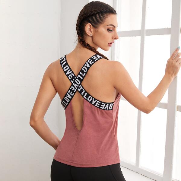 

Breathable Softness Letter Tape Crisscross Sports Tank Top, Dusty pink