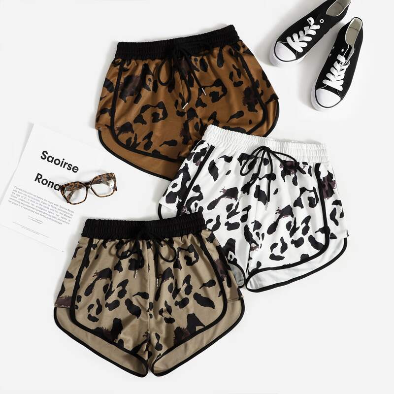 

3pcs Allover Print Shirred Waist Binding Lounge Shorts, Multicolor