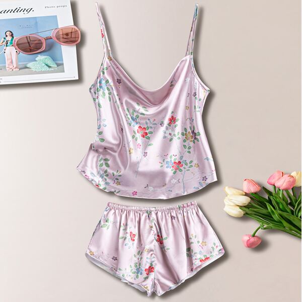

Floral Print Satin Night Set, Baby pink