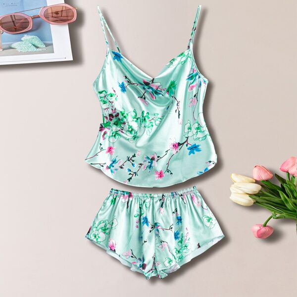 

Floral Print Satin Night Set, Mint green
