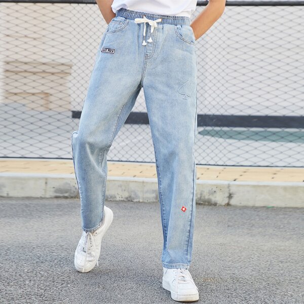 

Men Letter Patched Drawstring Jeans, Light wash