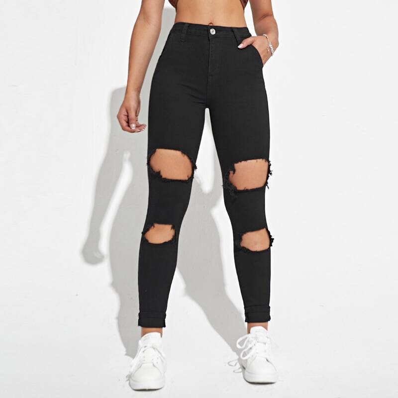 

Zipper Fly Ripped Jeans, Black
