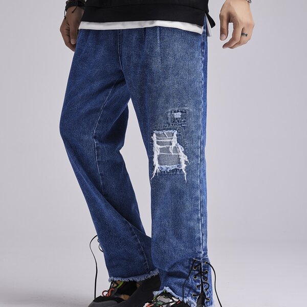 

Men Ripped Lace Up Hem Jeans, Dark wash