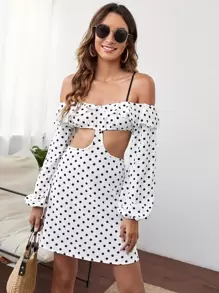 SHEIN VCAY Polka Dot Print Cut Out Ruffle Trim Dress