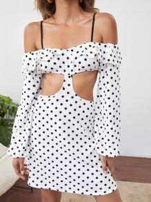 SHEIN VCAY Polka Dot Print Cut Out Ruffle Trim Dress