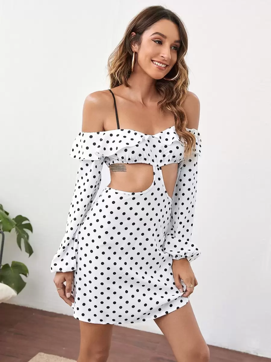 SHEIN VCAY Polka Dot Print Cut Out Ruffle Trim Dress