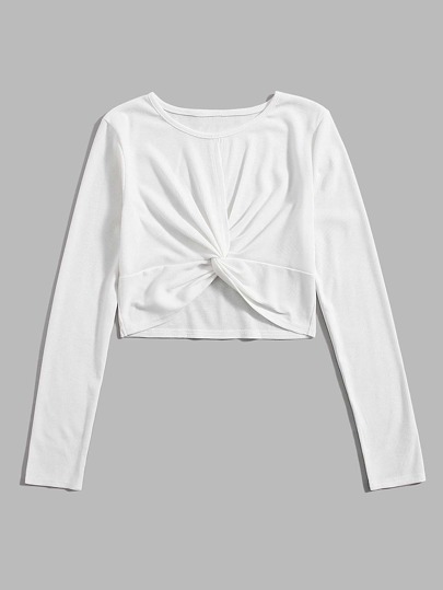 ROMWE Solid Twist Front Crop Tee