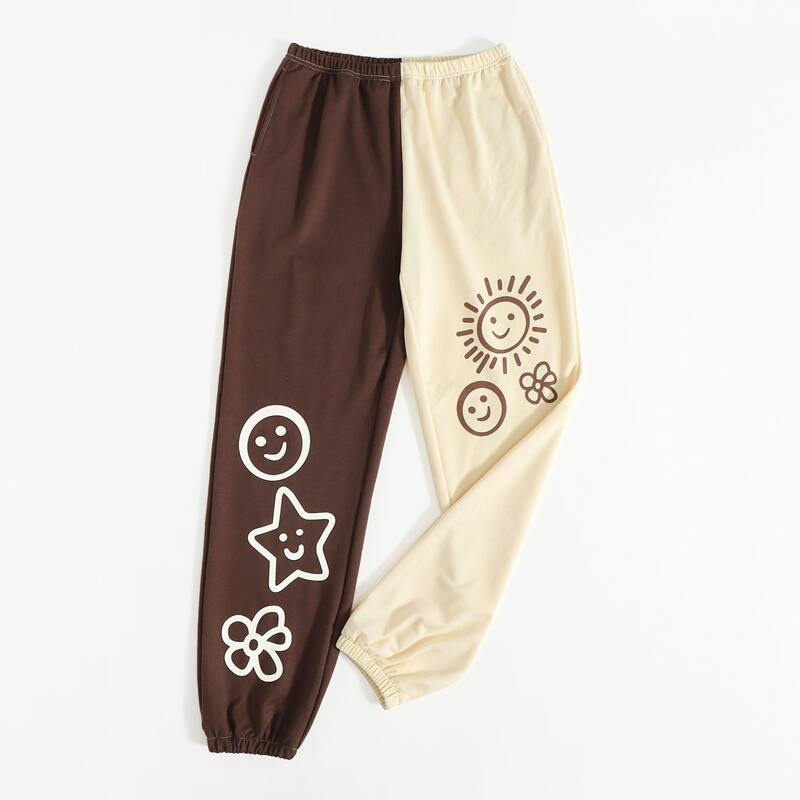 

Floral Cartoon Graphic Two Tone Sweatpants, Multicolor